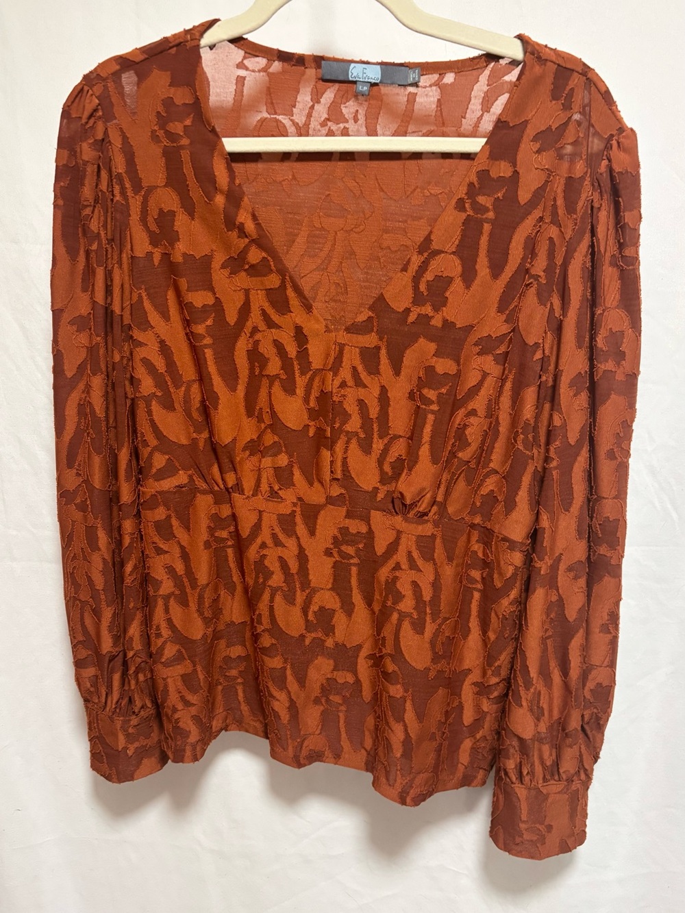 Eva Franco Rust Floral Burnout V-Neck Blouse